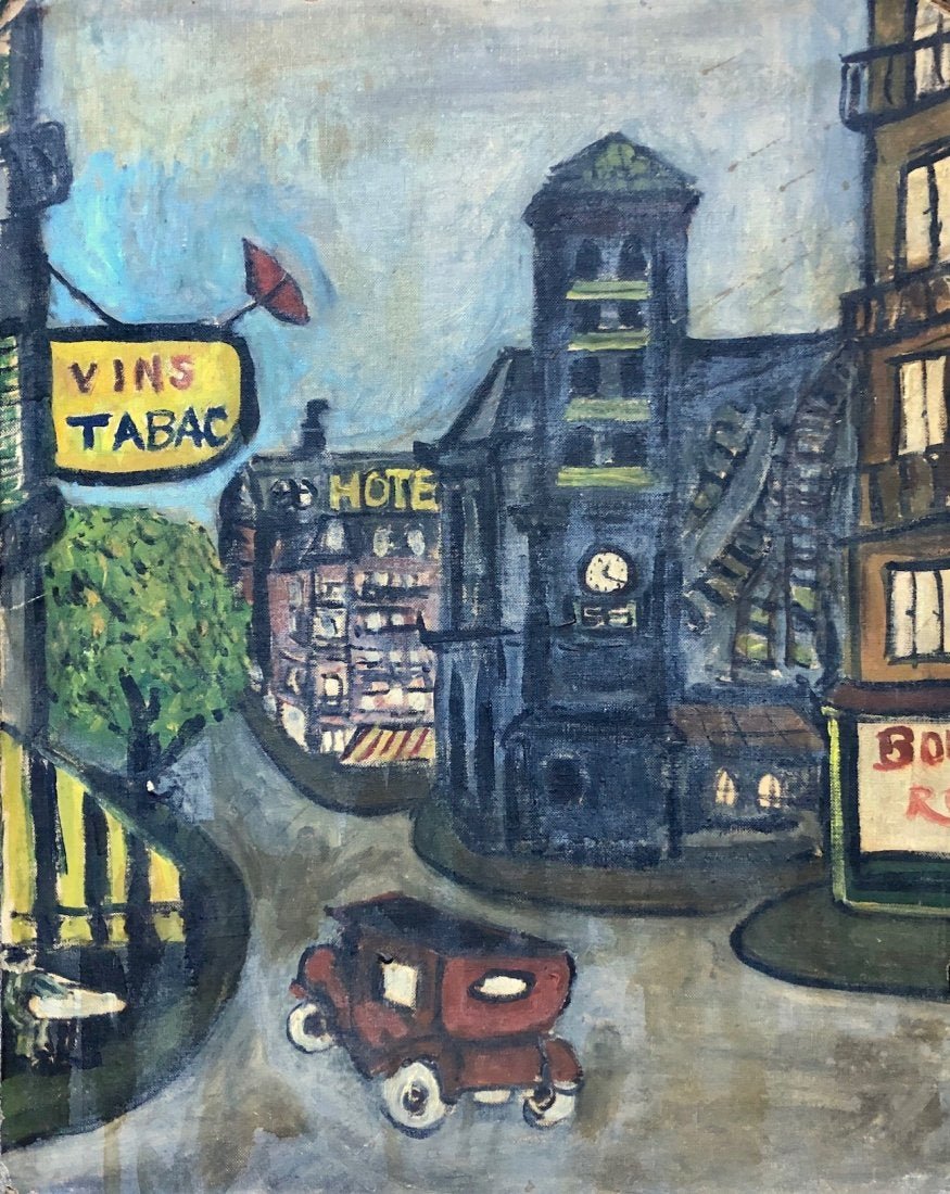 WPA Unsigned Modernist French Street Scene: Oil on artist board 20 x 16 in.