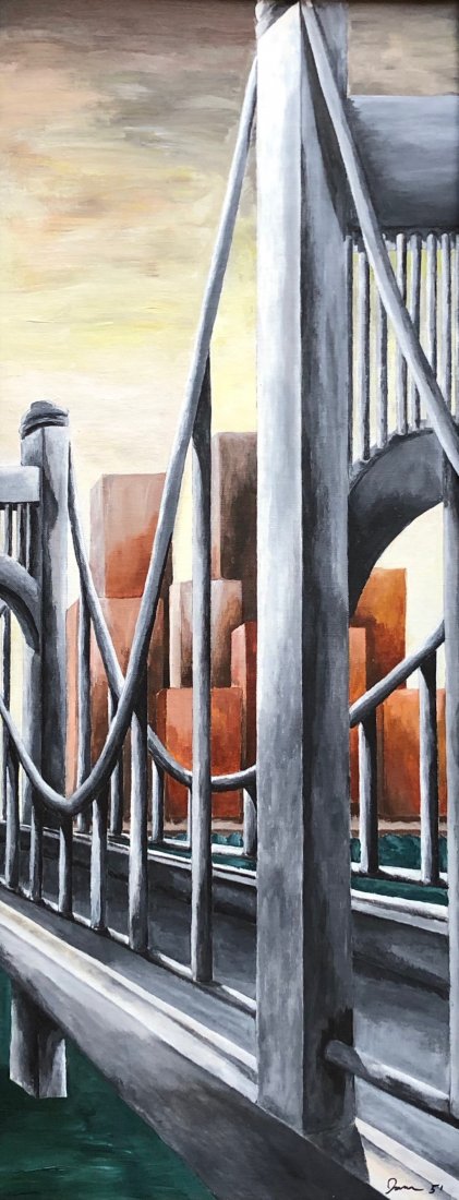 Mid-Century Modern Industrial Bridge Scene Signed (1 of 4)