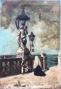 Statue of Madonna, Chioggia Venice, Italy 1888 Painting: Oil on canvas signed Salisbury and dated 1888. Unknown artist. Possibly John Elmer Salisbury (1867 - 1955). From a Maryland estate. Depicts a woman praying in front of the Virgin Mary. 29 x 20 in.