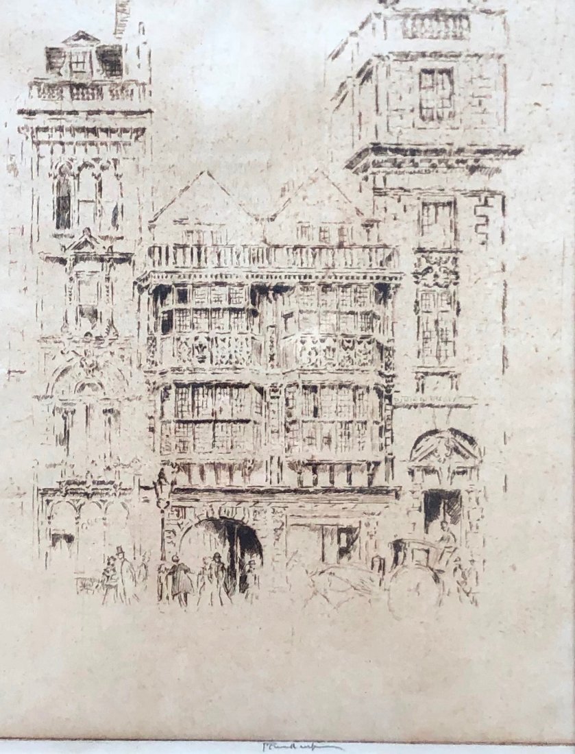 JOSEPH PENNELL (1857 - 1926) The Gate Of The Temple: Etching. Pencil signed. 10 x 7 3/4 in. (sight), 16 3/4 x 14 1/2 in. (framed). Born in Philadelphia, PA, Pennell studied at the PAFA. He then traveled extensively on assignments as a writer-illustrator