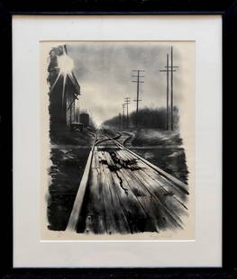 HARRY McCORMICK (born 1942, New York) Lithograph: Railroad scene. Pencil signed edition of 50. 18 3/4 x 14 3/4 in. (sight), 26 1/2 x 22 1/2 in. (framed). From askart.com: Harry McCormick is a realist painter, who focuses on the evocation of light