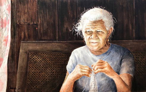 Realist Portrait Of An Elder Woman Illegible Signature: Watercolor on paper 21 x14 in., 31 x 23 1/4 in. (framed). Great looking painting. Unknown artist. Dated 1982.