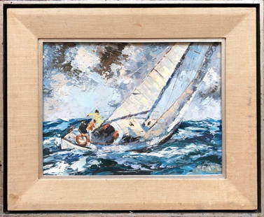 MABEL FAIRFAX EARL (20th c, California) Rough Seas: Mid-Century. Oil on masonite 16 x 12 in., 22 1/2 x 18 1/2 in. (framed). Resident of Ocean Beach in 1933. Exh: San Diego FA Gallery, 1933. Source: Edan Hughes, author of the book "Artists in