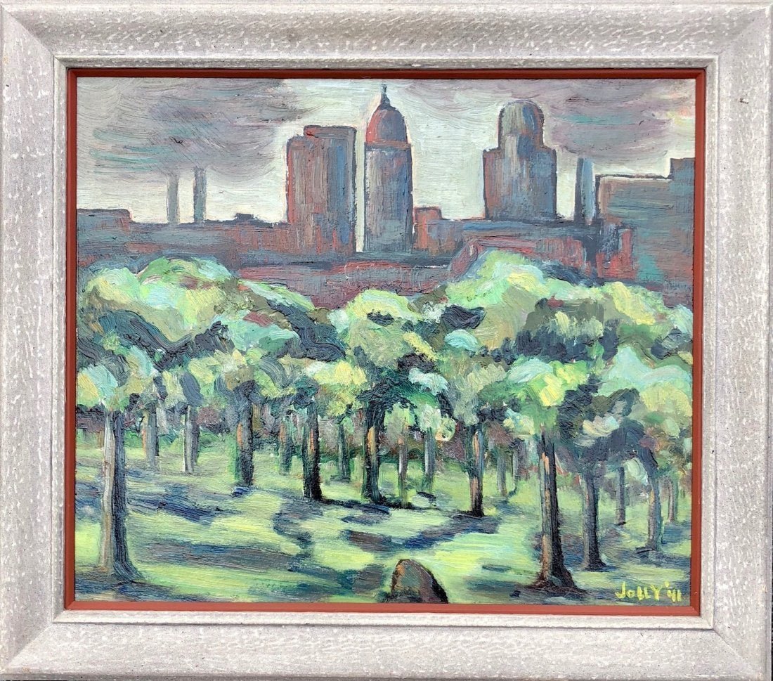 WADE JOLLY (Philadelphia, b.1909) "Skyline" Exhibited: The title of this piece is "Skyline". PAFA artist. Exhibited Arts Institute Chicago 1942. Member of the Philadelphia Print Club. Oil on board. 25 1/2 x 22 3/4 in. (Framed), 20 1/2 x 17 1/2 in. From as