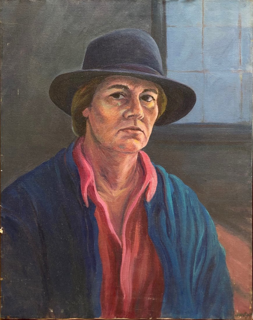 ALICE JUDSON (1876-1948, Beacon NY) Self Portrait: Oil on canvas 28 x 22 in. (canvas), 29 x 23 in. (framed). This might be the only self portrait of the artist. We added another photo of her to show what she looked like. Dutchess County artist. From a