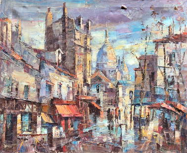 Impressionist Paris Street Scene Illegible Signature: Signed and dated 1972. 28 3/4 x 23 1/3 in. Oil on canvas.