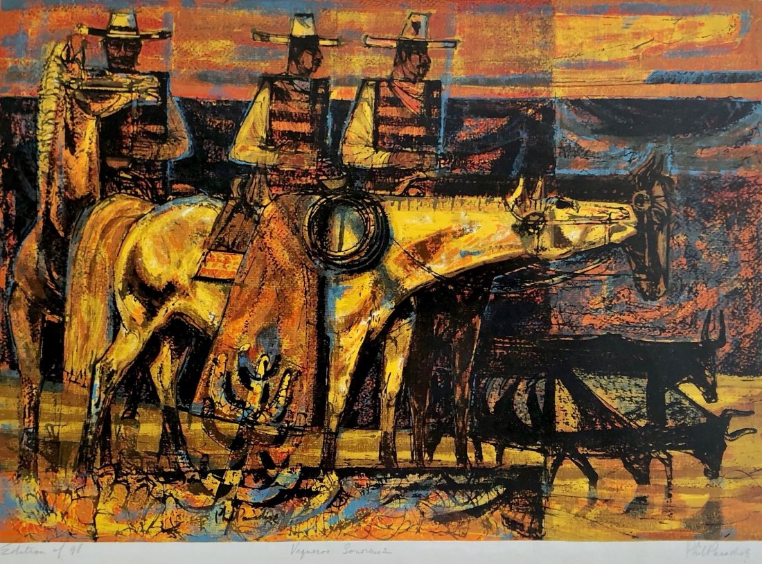 PHIL PARADISE (1905-1997, Oregon) Cowboys Lithograph: Edition of 98. Pencil signed 22 1/2 x 16 in. (image), 27 x 20 1/2 in. (framed). From askart.com: Born in Ontario, Oregon, Phil Paradise was raised in Bakersfield, California. In the 1920s, he studied 