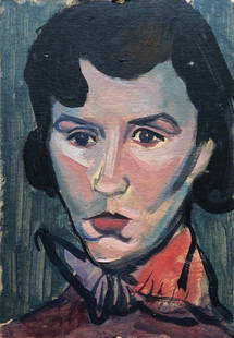 Mid-Century Modernist Portrait Of A Woman: Oil on board dated 1951. 12 1/2 x 8 1/2 in., 21 1/2 x 17 1/2 in. (outer frame).