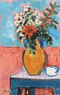 Modernist Fauvist Greek Still Life Illegible Signature: 1964 Oil on wood 16 1/2 x 10 3/4. Great colors, similar to Henri Matisse.