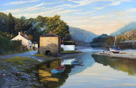 GRAHAM PETLEY (b. 1944, UK) Lerryn in Cornwall: Landscape. Oil on canvas "Lerryn in Cornwall", 24" x 36", 33" x 45" (framed)