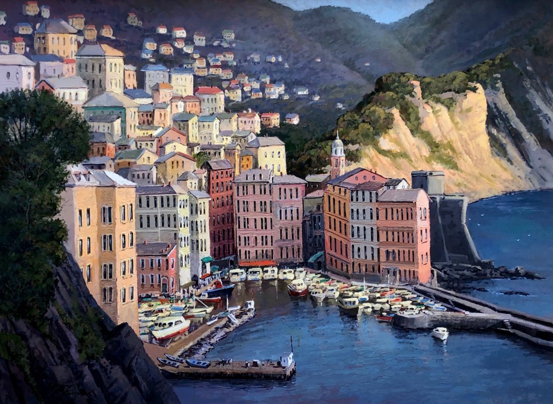 GREGORY SIEVERS (b. 1951, Idaho) Camogli, Italy: Oil on canvas 30 x 40 in., 40 1/2 x 50 1/2 in. (framed). Camogli is a fishing village and tourist resort located on the west side of the peninsula of Portofino, on the Golfo Paradiso in the Riviera di