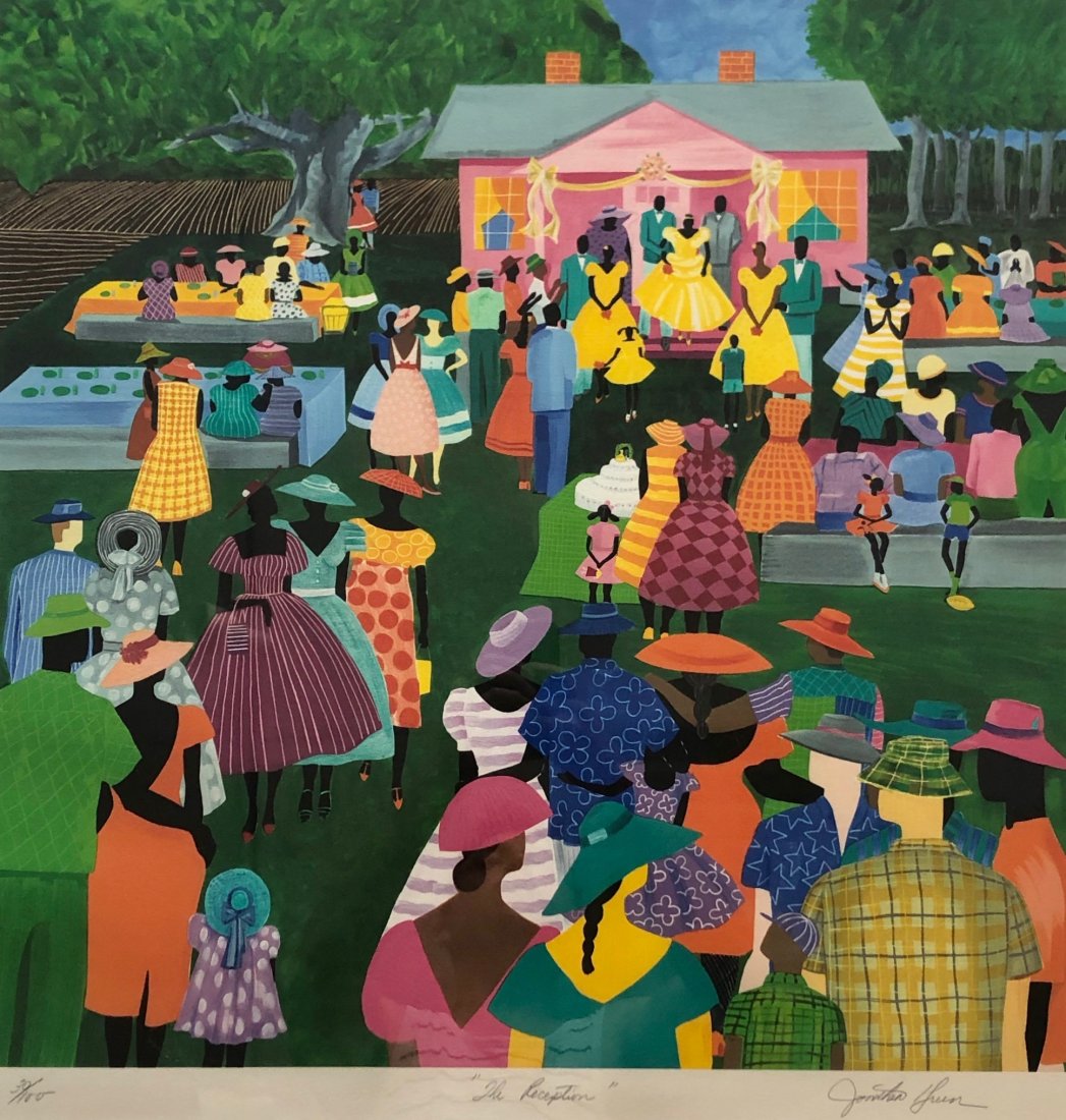 JONATHAN GREEN (b. 1955, South Carolina) The Reception: Pencil signed lithograph, edition size 30/100. 23 x 23 in. (image), 40 1/2 x 39 1/2 in. (framed). From askart.com: Jonathan Green is known primarily for painting everyday life of the Gullah people and