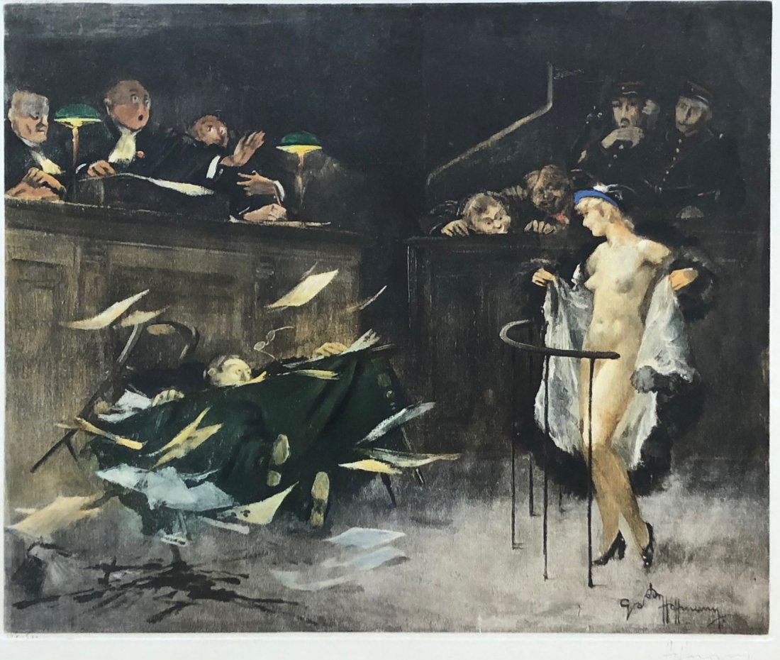 GASTON HOFFMAN (1883-1926) Courtroom Nude: Pencil signed etching 17 1/2 x 14 1/2 in. (image), 25 x 22 in. (framed)