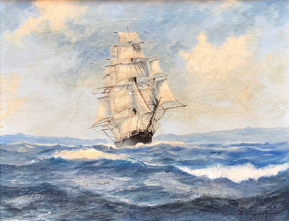 ROBERT F. LIE (1899-1980, San Francisco) Clipper Ship: 18 x 14 in., 21 1/4 x 17 1/2 in. (framed). Robert Edmund Lee. Marine painting. Seascape. Oil on canvas. Painter. Born in San Francisco, CA on July 22, 1899. In 1921 Lee enrolled at the ASL of NYC unde