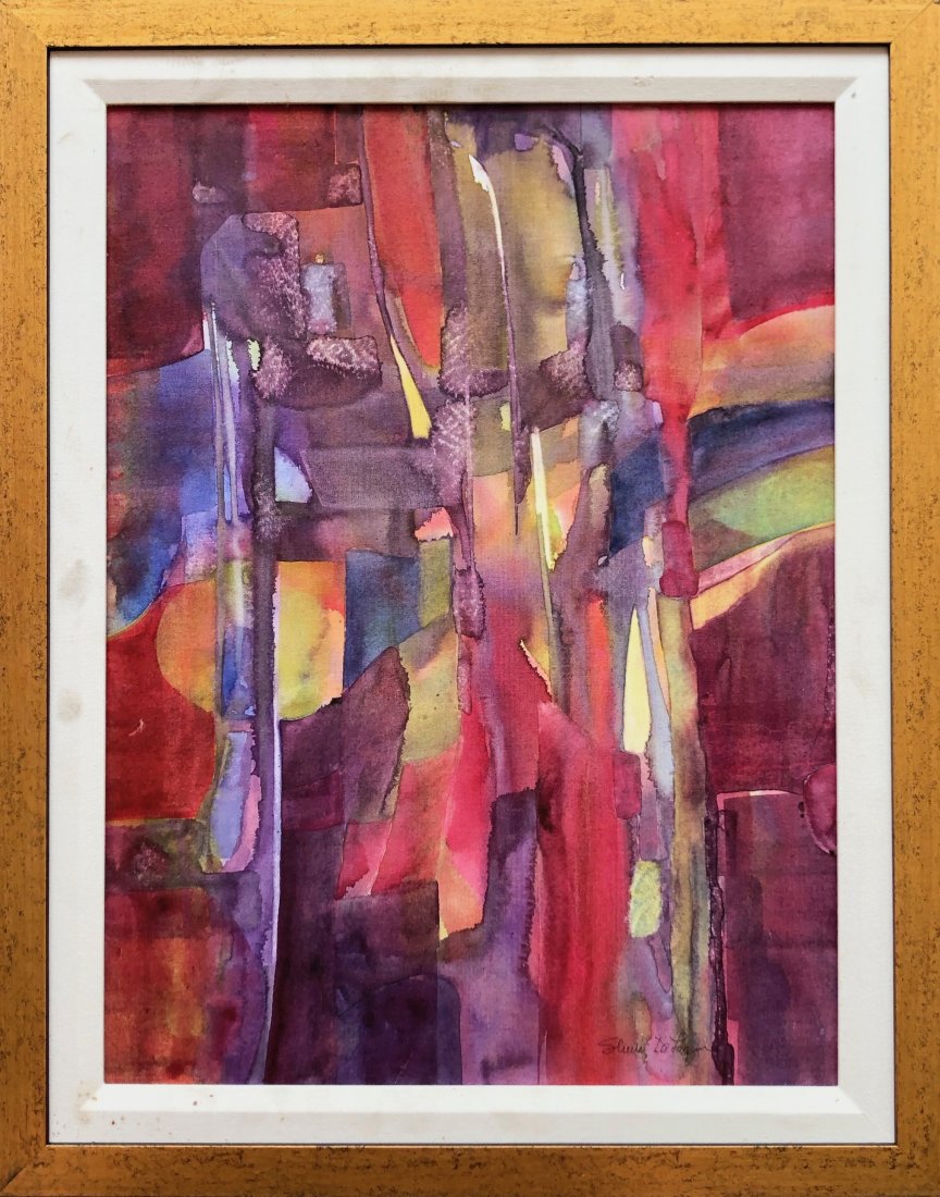 Contemporary Abstract Expressionist Illegible Signature: Watercolor on canvas board 23 1/2 x 17 1/2 in. (sight), 28 1/2 x 22 1/2 in. (framed)