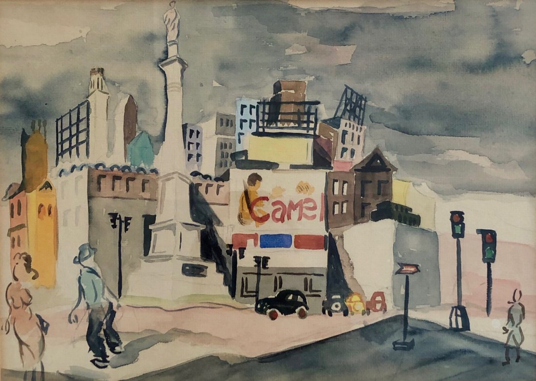 American WPA Cityscape, Pittsburgh, PA Gallery Tag: Watercolor on paper. Unsigned. 15 x 10 3/4 in., 21 x 17 in. (framed). Notice the "Camel" cigarettes billboard.