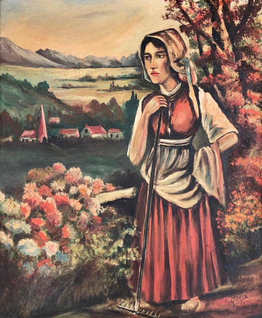 Portrait Of A Woman In Landscape Of German Alps, Signed: Bavarian. Oil on board 24 x 20 in., 28 1/2 x 24 1/2 in. Signed Geertz. Nice wood frame. Washington DC gallery tag.