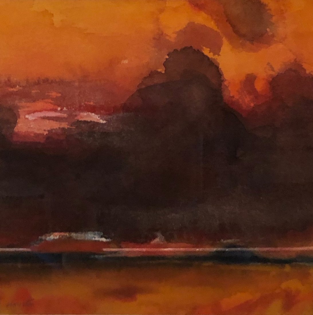 JOHN HOUSTON (1930-2008, Scotland) Sunset Over Berwick: Watercolor on paper 6 1/2 x 6 1/2 in., 19 x 19 in. (framed). John Houston (1930 - 2008), one of the most recognizable and brilliant of modern Scottish painters, renowned for his expressionistic style,