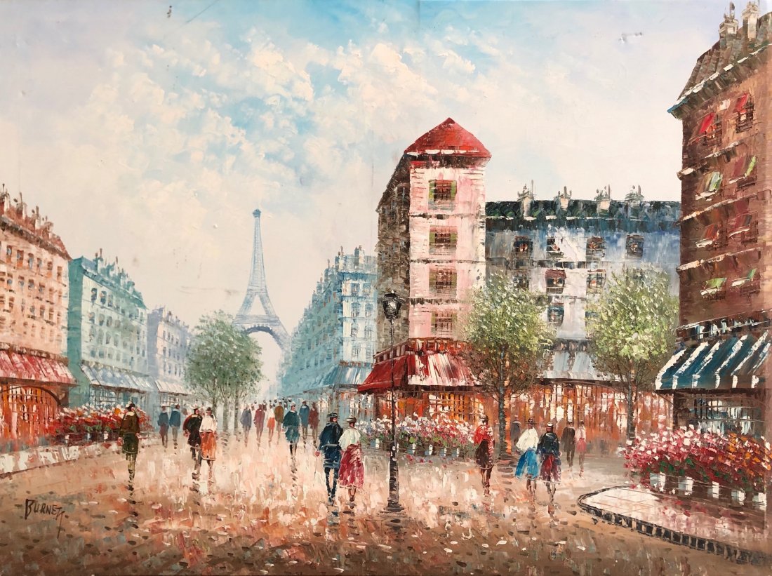 CAROLINE BURNETT (20th c, American) Paris Street Scene: Large oil on canvas 48 x 36 in. A painter born in the United States (place unknown), she was in Paris in the early part of her career, which was late 19th and early 20th century. She was a member of t