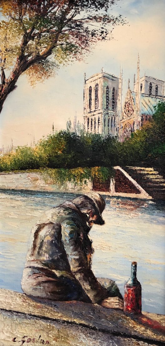 CLAUDE GOZLAN (b. 1930, Tunisia) Cathedral Notre Dame: Paris. Impressionist oil on canvas 24 x 12 in., 26 x 14 1/2 in. (framed).