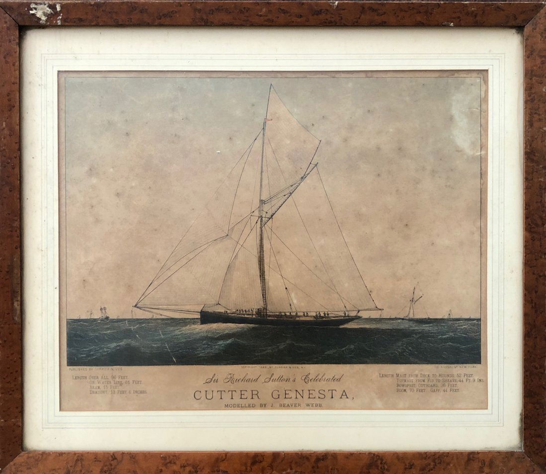 Currier & Ives "Cutter Genesta" Clipper Ship 1885: Original print. Framed under matted glass. Sir Richard Sutton's Celebrated " Cutter Gunesta". Modelled by J. Beaver Webb. 13 3/4 x 9 1/2 in. (image), 18 x 15 1/2 in. (framed).