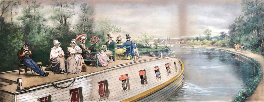 EDWARD LAMSON HENRY (1841-1919, Charleston) Boat: “Summer Packet Boat on Canal” . Gouache and watercolor. 34 x 13 in., 39 x 18 1/4 in. (framed). Born in Charleston, South Carolina, on January 12, 1841, Edward Lamson Henry, with a bent for nostalg