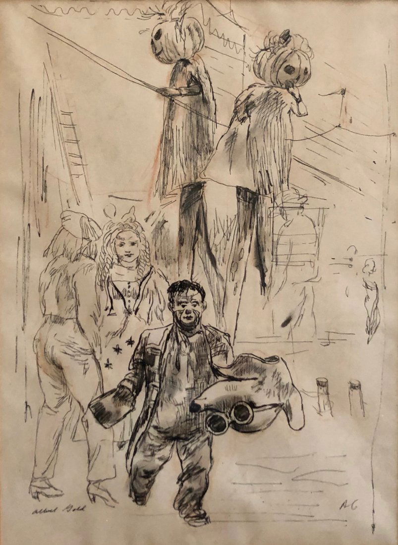 ALBERT GOLD (1916-2006, Philadelphia) WPA Halloween Ink: Ink on paper. Great subject. Looks like a Halloween parade. 13 x 9 1/2 in. (sight), 20 3/4 x 16 3/4 in. (framed). The following information was submitted in August of 2006 by Diane Felcyn. The informa