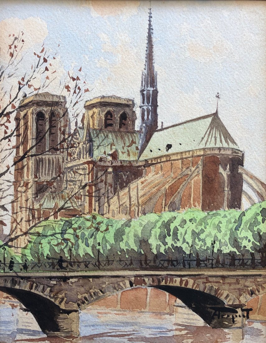 Cathedral Of Notre Dame, Paris Watercolor Illegible Sig: French scene. Signed lower right. Watercolor on paper 7 x 5 1/4 in. (sight), 12 x 10 1/4 in. (framed)
