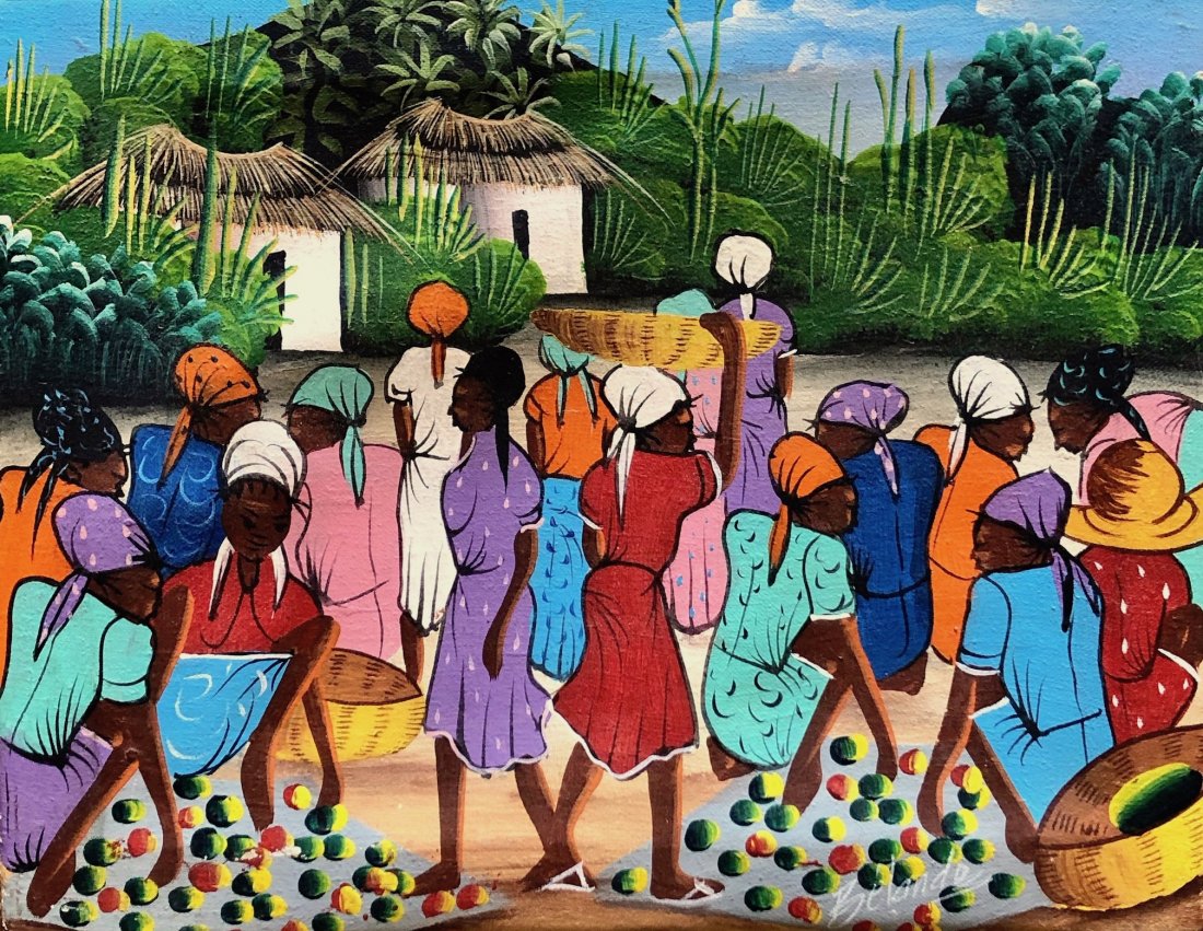 Naive Haitian Village Scene Signed Belande: Oil on canvas 10 x 8 in.