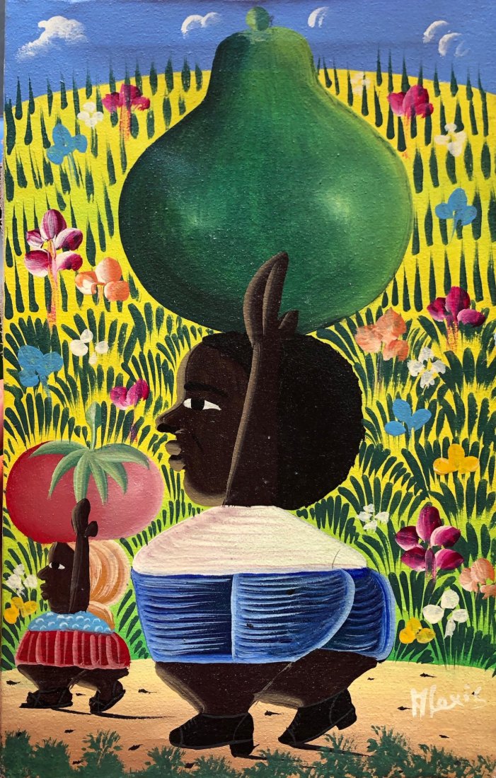 Haitian Naive Farmers Street Scene Signed Alexis: Alexis or A. Lexis. Oil on canvas 13 1/2 x 8 1/2 in.