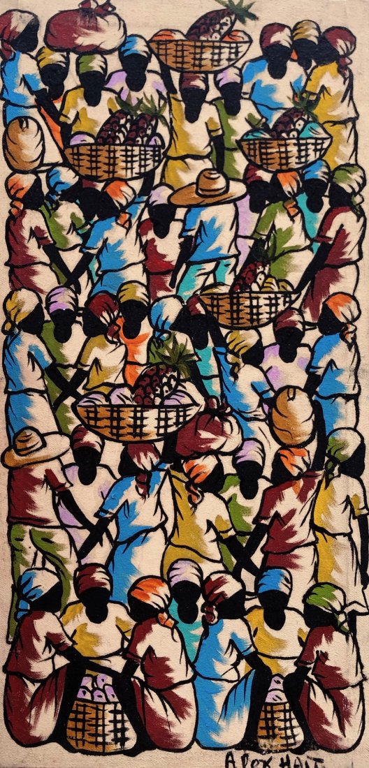 Modern Naive Painting Of Haitian Women Signed Alex: Oil on canvas 16 x 8 in.