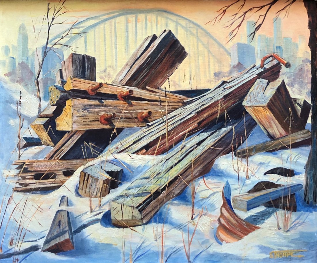 SAMUEL THORPE (20th c, Townsend, Massachusetts) Winter: Oil on canvas 24 x 20 in., 30 1/4 x 26 1/4 in. (framed). The following is from theboulderartgallery.com: Samuel S.Thorpe is a well known and highly collected local artist. He kept an active studio in 