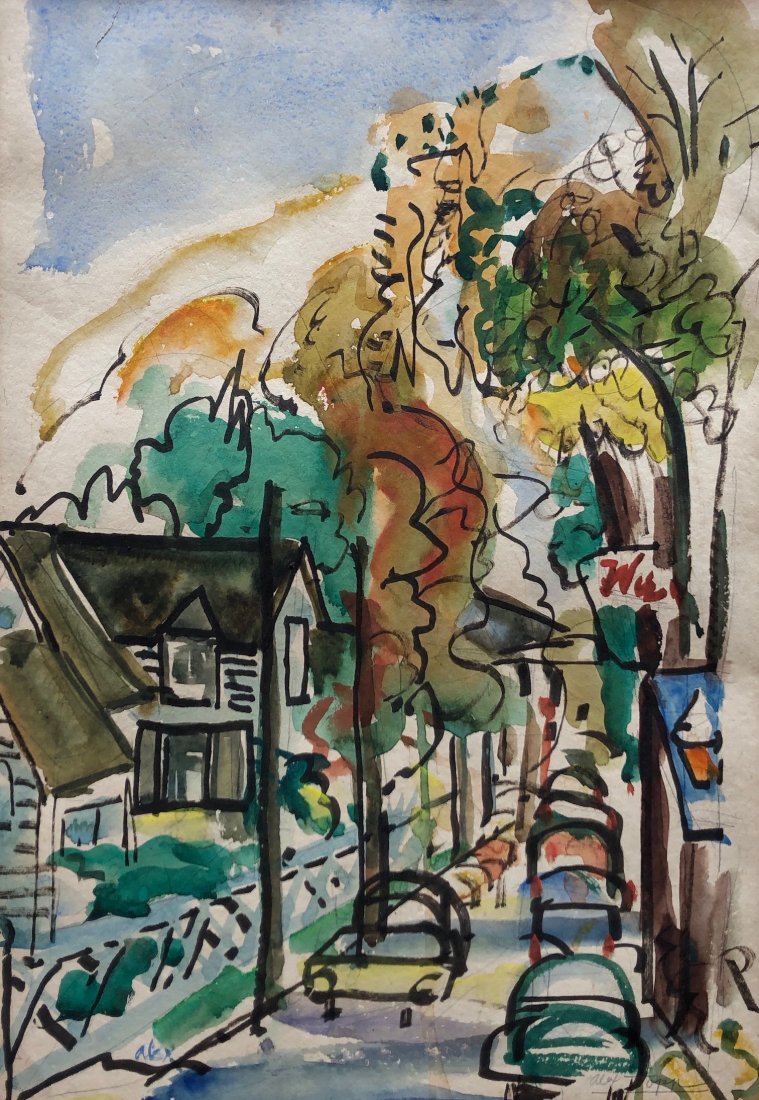ALEX TOPP (1911-1999, Chicago, Illinois) WPA: Rare work by a great artist. Watercolor on paper 19 x 12 in. Street scene. Alex Topp (born Alex Topchevsky) was born on Chicago’s West Side shortly after his family emigrated from Bialystock (then R