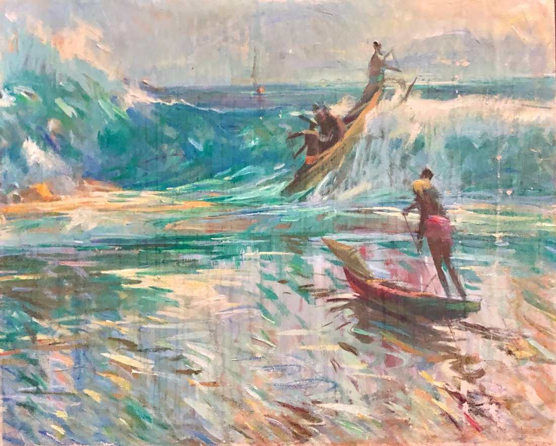GUY HUZE (1921-1997, French) Tahitian Beach Scene: Impressionist tropical landscape. Looks like gouache on board. 22 x 18 in., 21 1/4 x 25 3/4 in. (framed). Born in France, Huze studied at the Beaux Arts Academy in Paris and belonged to the Associatio