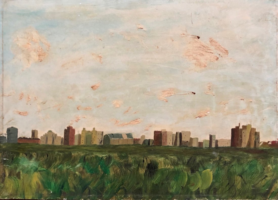 20th Century American WPA Rural Town Landscape: Oil on masonite 22 x 16 in. Unsigned. Looks WPA era. Possibly a Depression Era city or town.