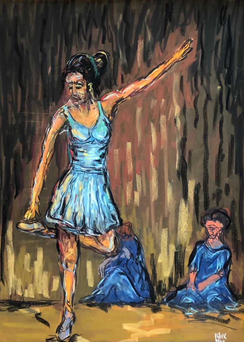 Modernist Pastel "Ballerina Lessons" Signed Felix: Nicely framed pastel. 34 x 25 in., 41 x 32 in. (framed)