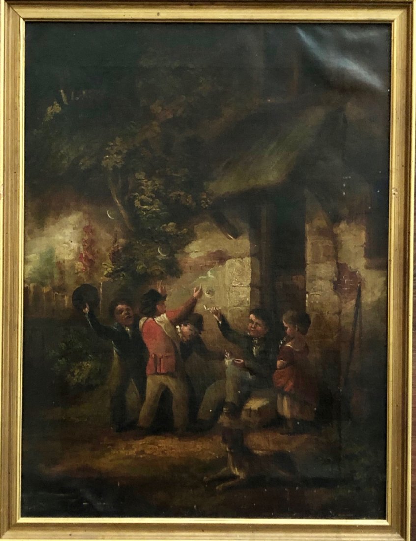 18th Century English Children Blowing Bubbles w/ Dog: Oil on canvas 18 3/4 x 14 in., 20 x 15 in. (framed). Great looking scene of children and their dog making or blowing bubbles in the street. English school circa.