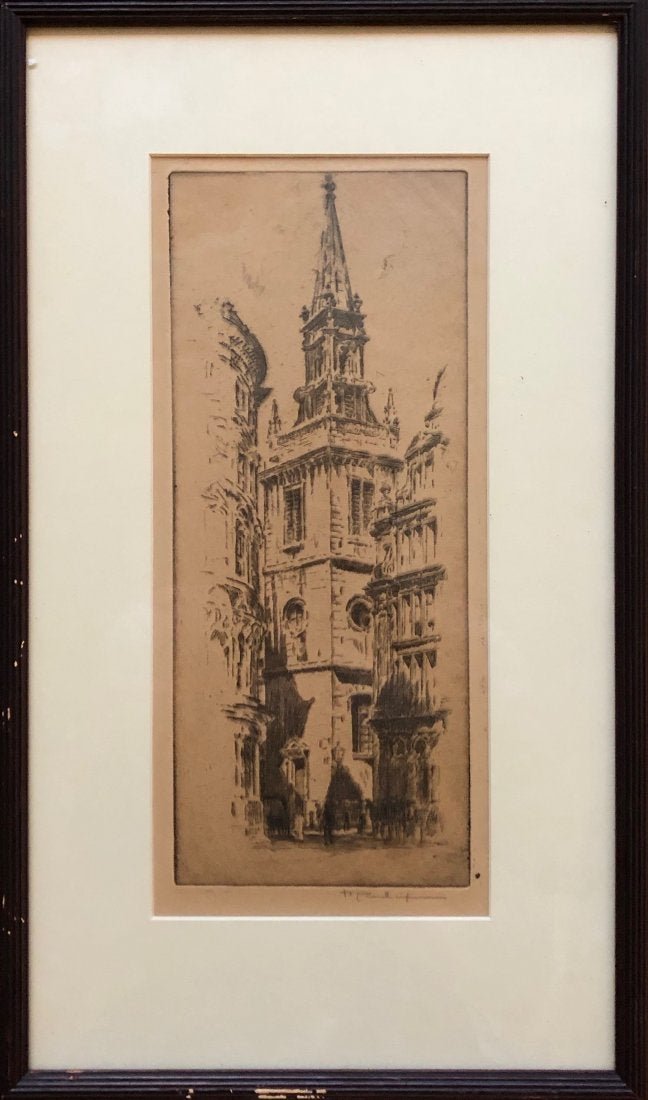 JOSEPH PENNELL (1857 - 1926) Etching: St. Augustine's and St. Faith. London. 12 x 5 in. (plate), 19 x 11 in. (framed). Born in Philadelphia, PA, Pennell studied at the PAFA. He then traveled extensively on assignments as a writer-illustra