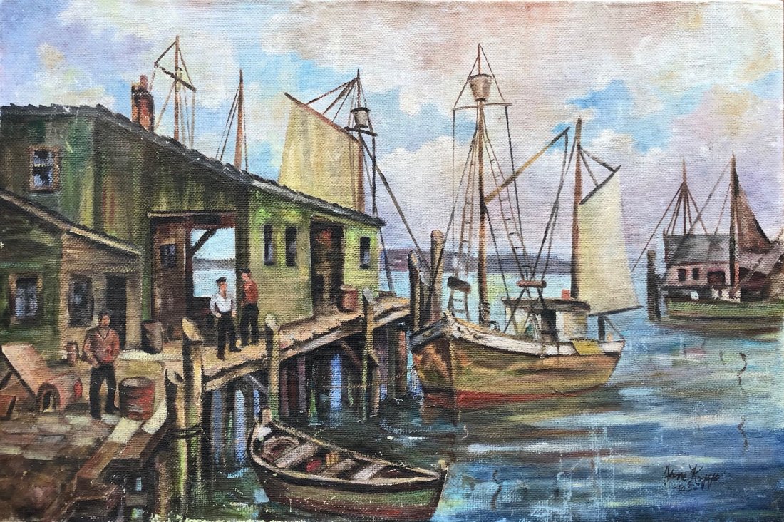 American Harbor Scene At The Docks Illegible Signture: Dated 1965. It looks like Jane Kopp but we are not positive. Oil on canvas wrapped over board 36 x 24 in.