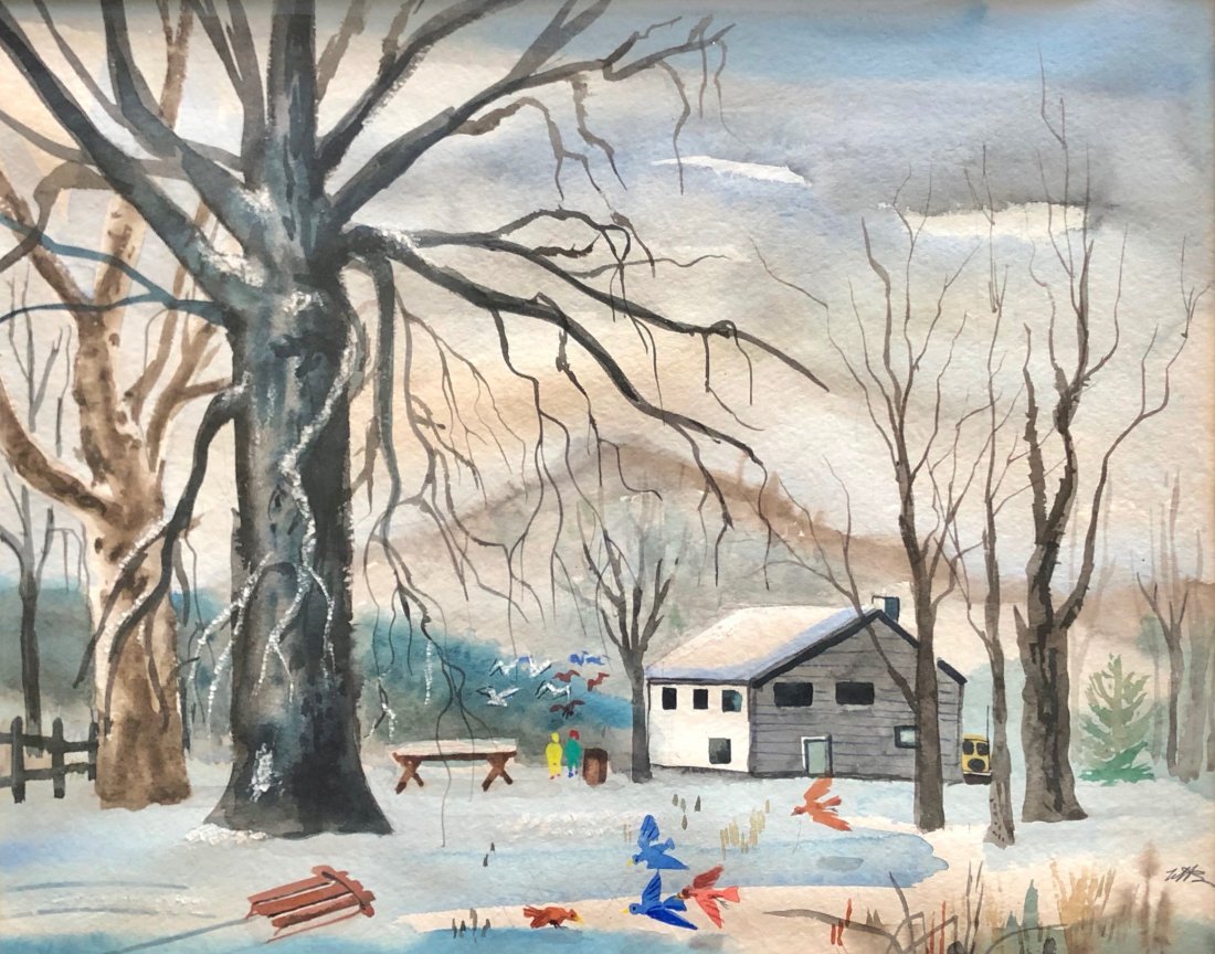 E. 20th c American Winter Landscape Illegible Signature: Naive scene. Watercolor on paper 21 1/4 x 17 in. (sight), 26 1/2 x 22 1/2 in. (framed)