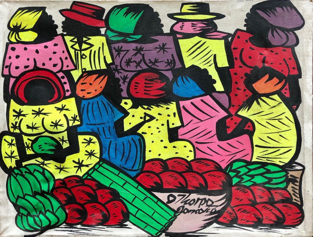 Colorful Naive Haitian Market Scene Illegible Signture: Oil on canvas 20 x 15 in.