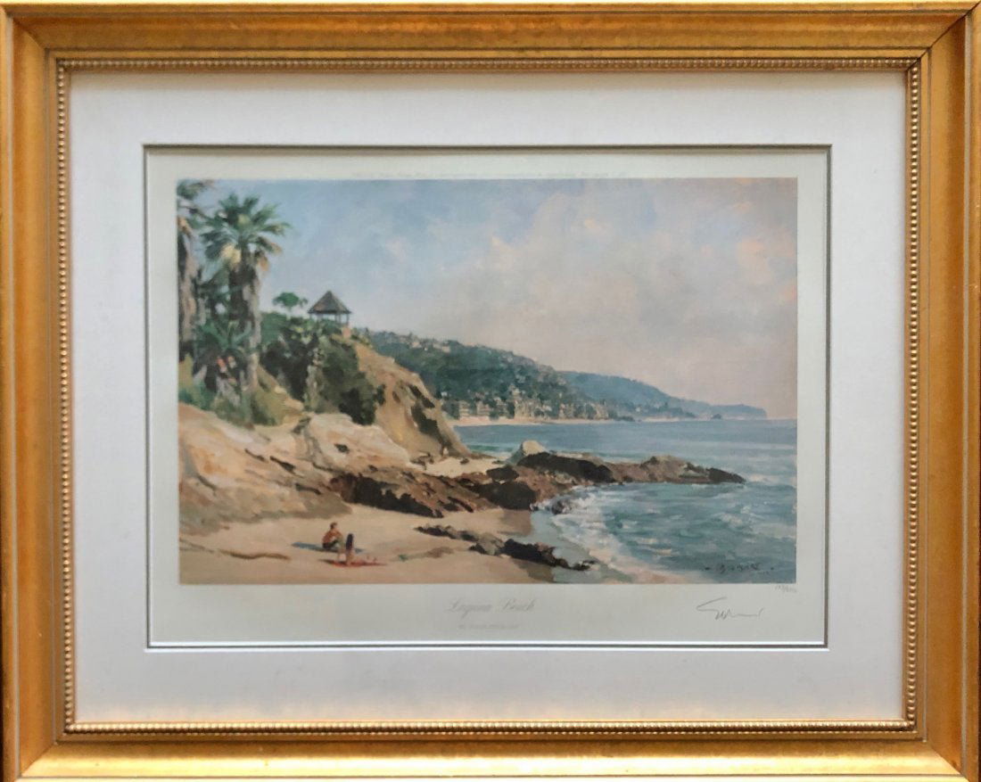 JOHN STOBART (b. 1929 Massachusetts) Laguna Beach: California scene. Pencil signed off set lithograph. 18 1/4 x 12 in. (image), 28 1/2 x 23 1/4 in. (framed).A marine painter of harbor scenes and ship portraits, John Stobart has devoted his career to s