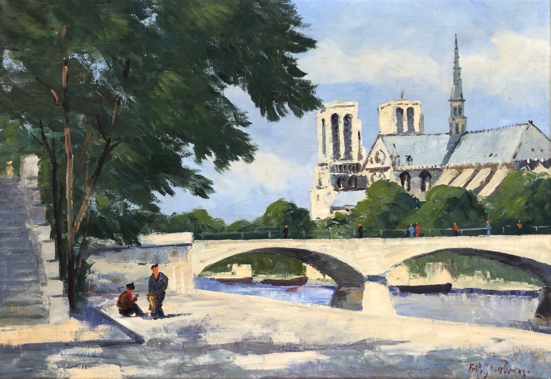 Impressionist Paris Scene Cathedral Of Notre Dame Signe: Signed oil on canvas. 26 x 25 in. Looks like the last name might be "Jacobsson"