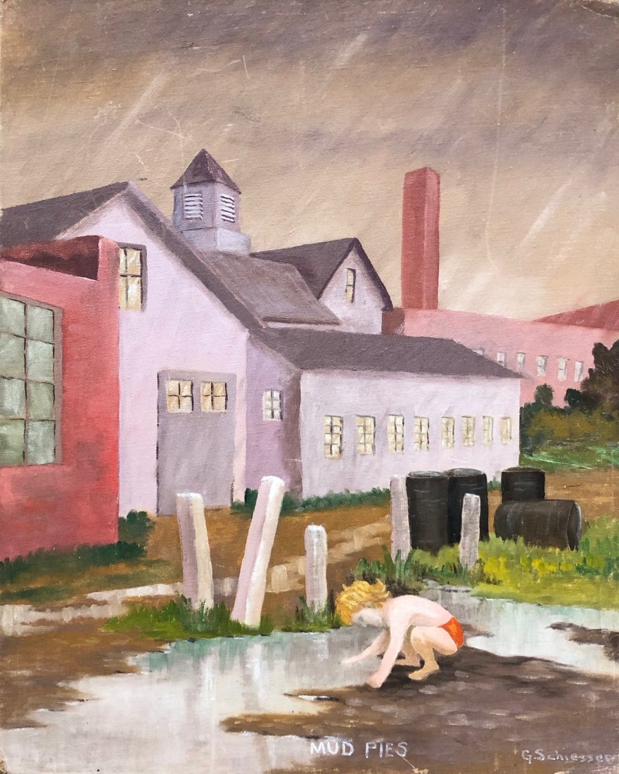 GEORGE SCHIESSER (1888-1967 Cortland, NY) WPA, Mud Pies: Oil on canvas board 20 x 16 in. "Mud Pies". WPA illustration.