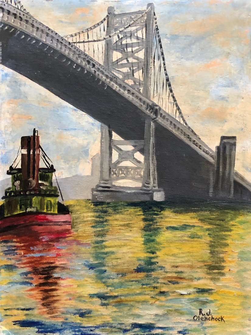 RJ OLENCHOCK (20th c, American) Ben Franklin Bridge WPA: "Waterfront". Philadelphia. 16 x 12 in. Oil on canvas board.