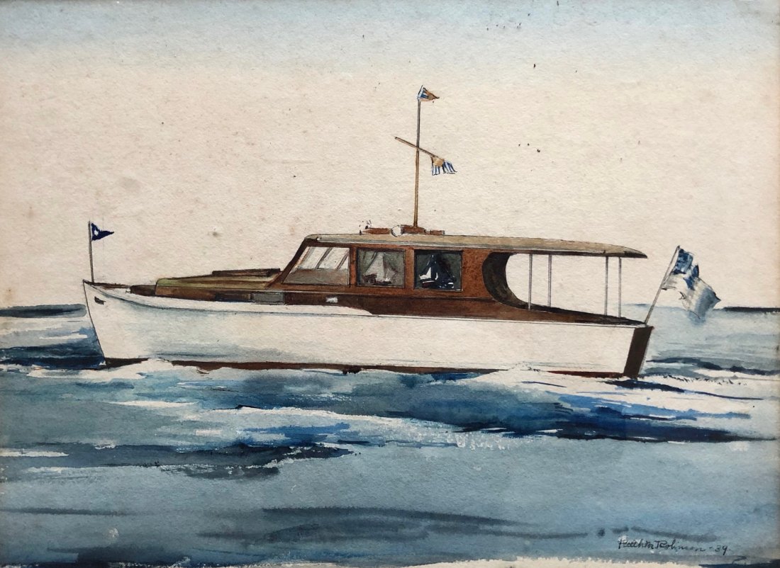 RUTH MAE ROBINSON (b. 1910, PA, WPA) "South Wind": Marine painting of a boat. Matthews 1937 Cruiser. Nice looking watercolor. 13 3/4 x 10 1/2 in. (sight), 20 3/4 x 17 in. (framed).