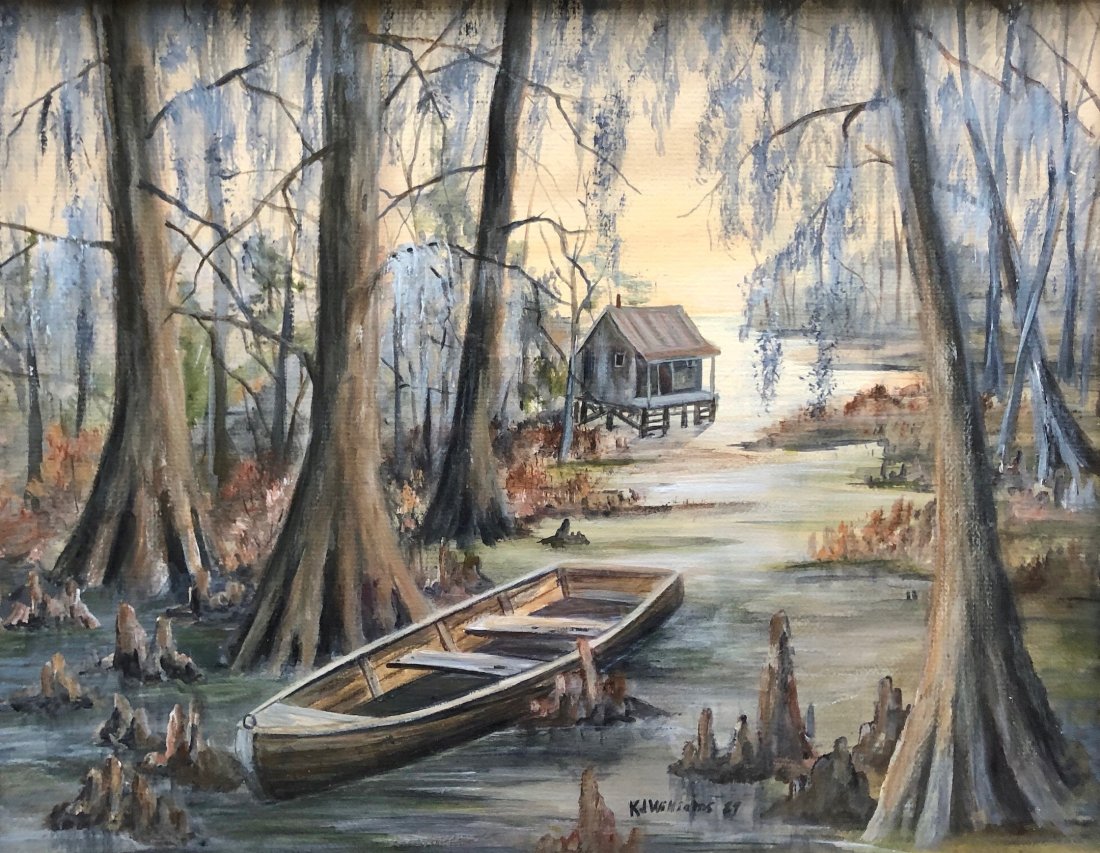 KJ WILLIAMS (20th c American) Southern Swamp Landscape: Watercolor and gouache on paper. 19 1/2 x 15 1/2 in. (sight), 25 1/4 x 21 1/4 in. (framed)