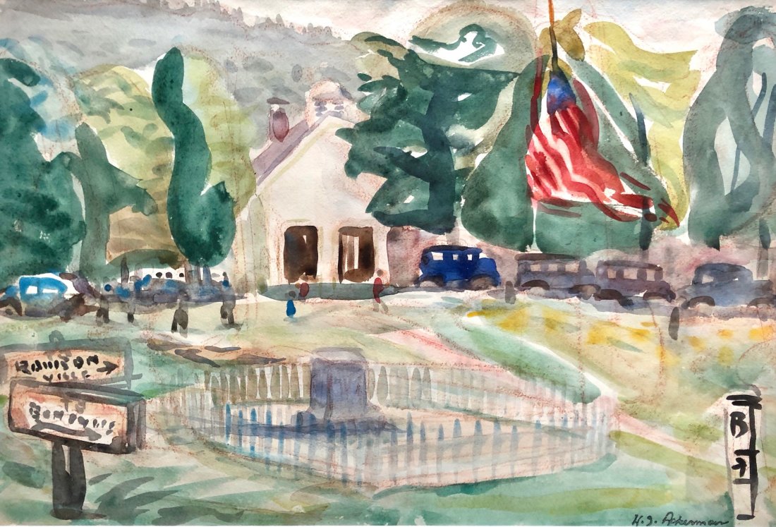 HARRY GREGORY ACKERMAN (b. 1909, NY, Romania) Landscape: Looks like an American school scene. Watercolor on paper 21 3/4 x 14 3/4 in. (sight), 29 1/2 x 22 1/2 in.