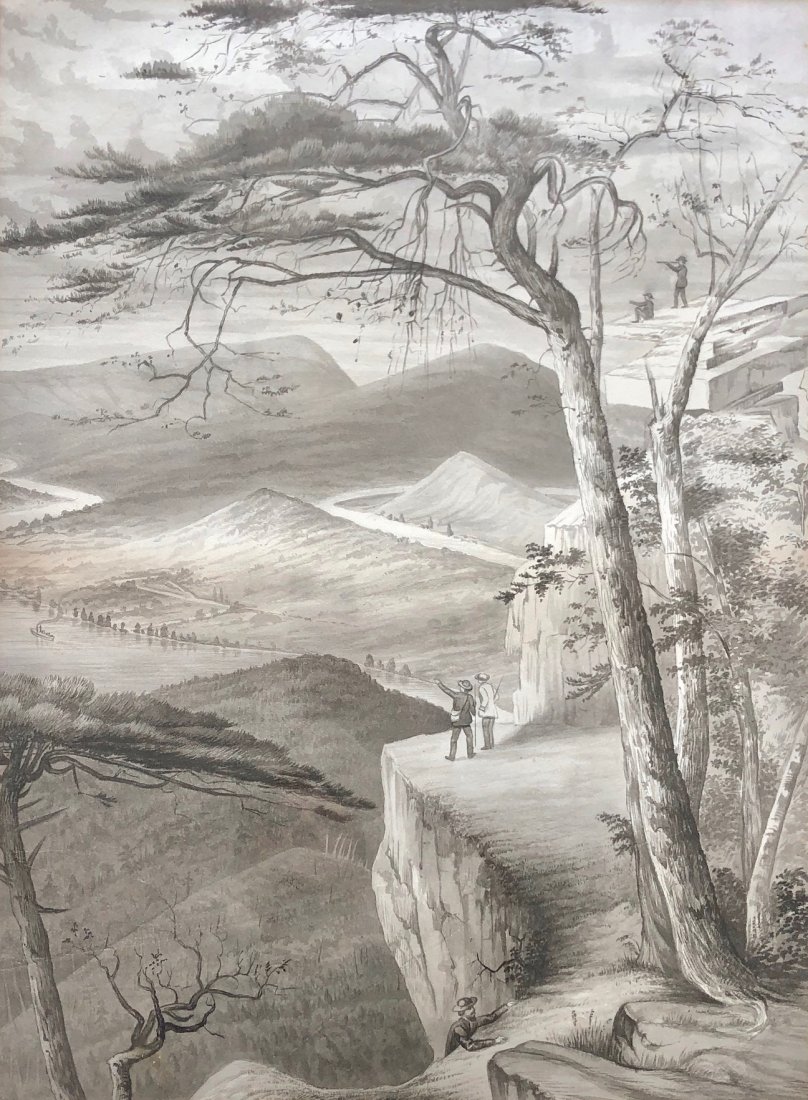Mid-1800's Hudson River School Westward Expansion Scene: Watercolor on paper. 23 x 17 in., 31 1/2 x 25 1/2 in. (framed)