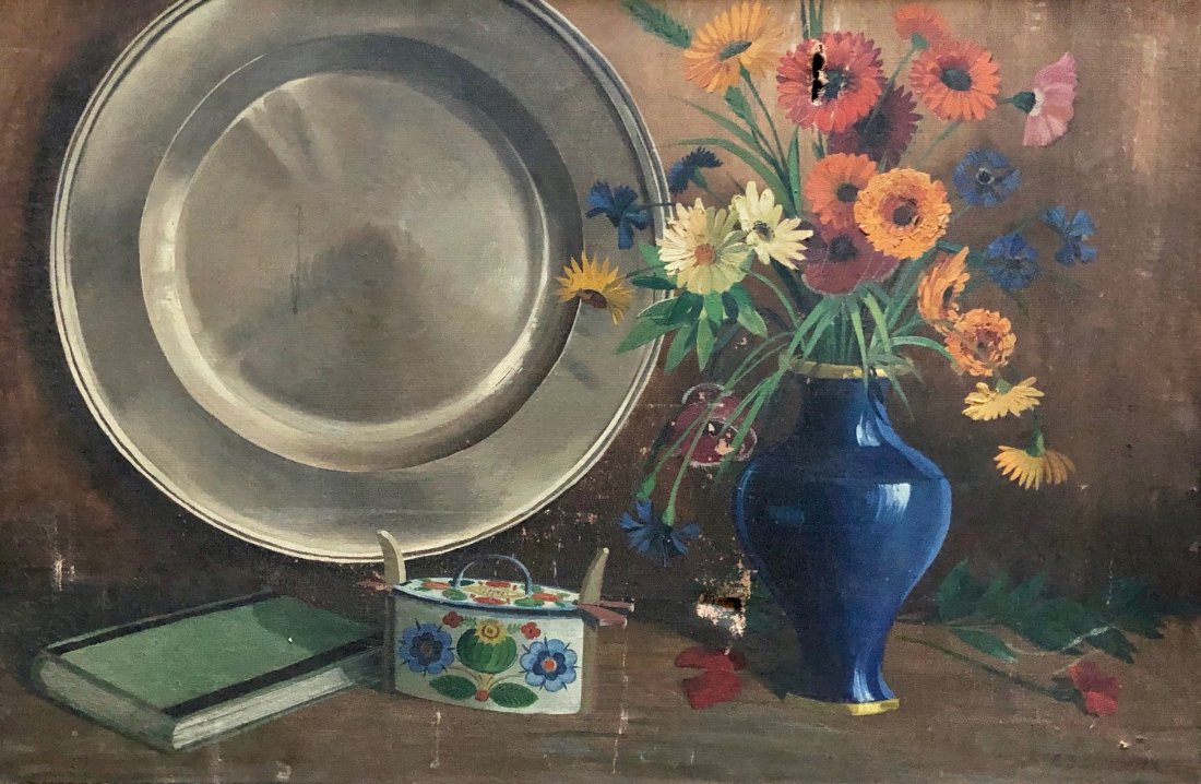 ERNEST SCHLAGETER (20th c, American) Still Life: Oil on canvas 27 x 18 in., 29 1/2 x 20 1/2 in. (framed)